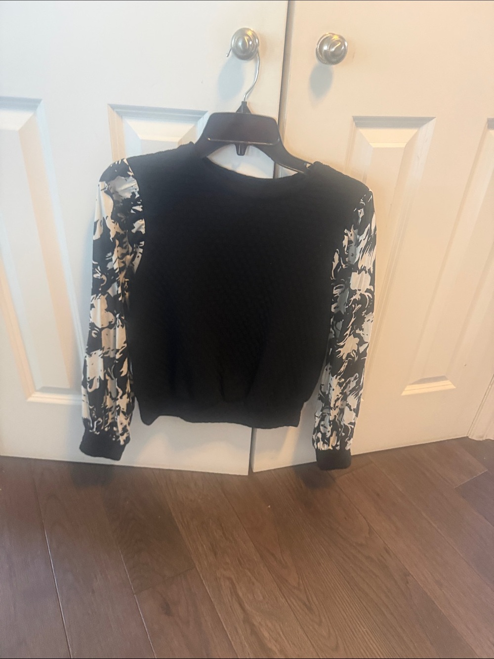 Maeve Black Sweater with Black & White Floral Print Sleeves